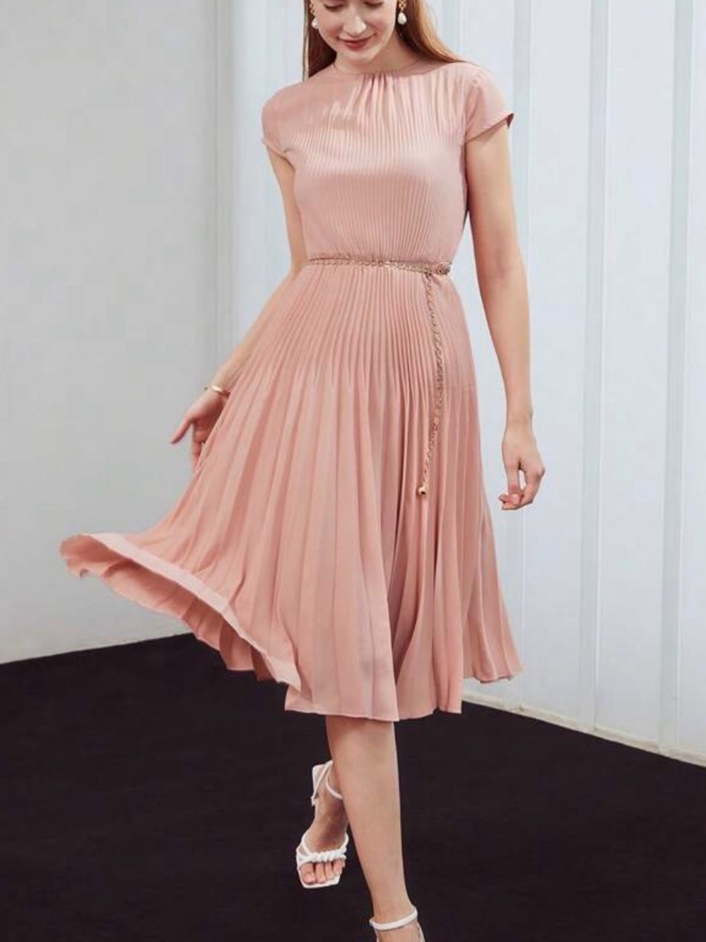 Pleated Midi Dress with Waist Chain in Dusty Rose
